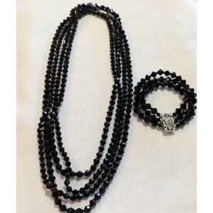 Vintage Signed West Germany Black Faceted Bead Necklace Bracelet Set Of 3